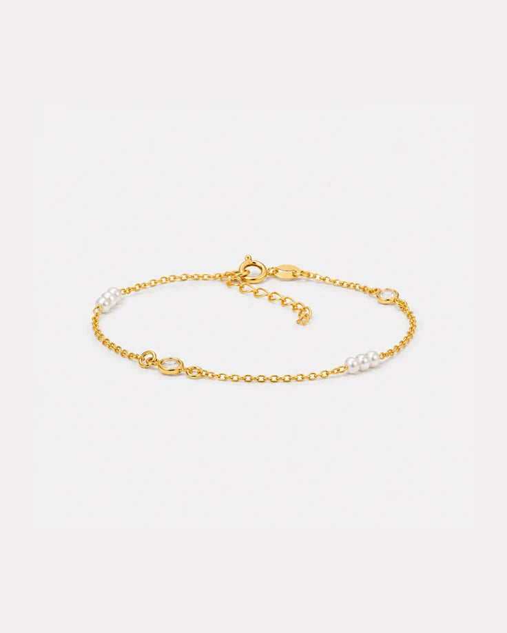 Pulseira Feminina Banhada em Ouro 24k - Roscida com Pérolas e Zircônia
