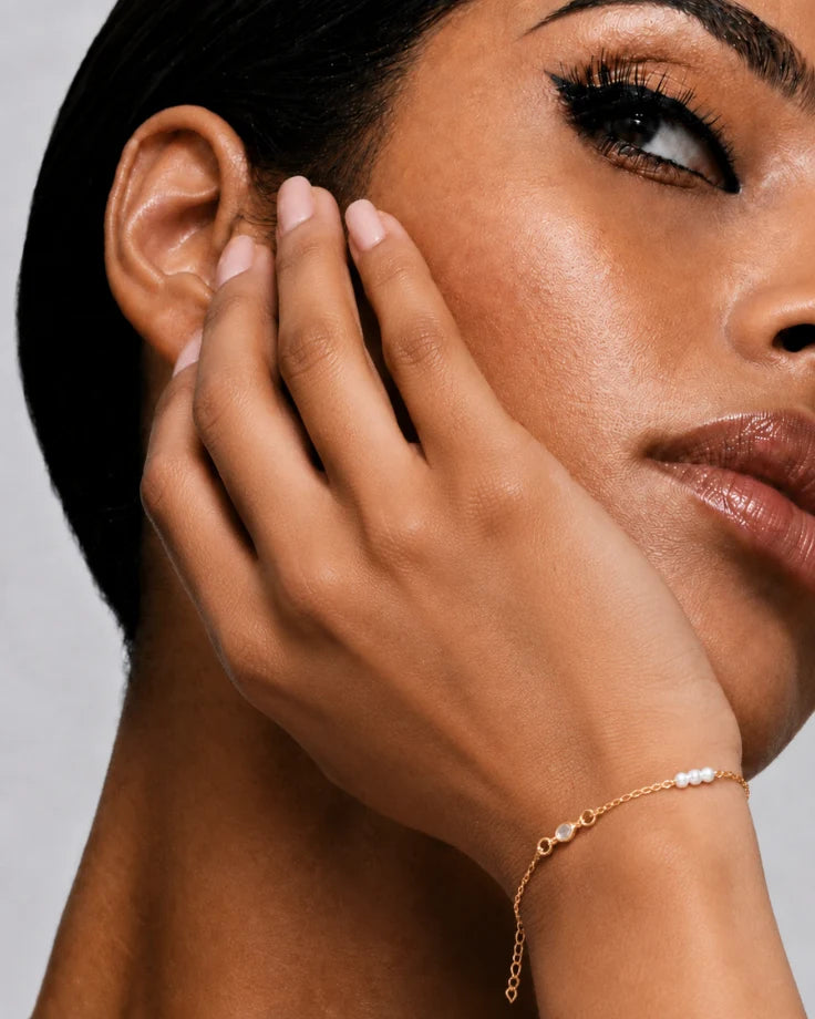 Pulseira Feminina Banhada em Ouro 24k - Roscida com Pérolas e Zircônia