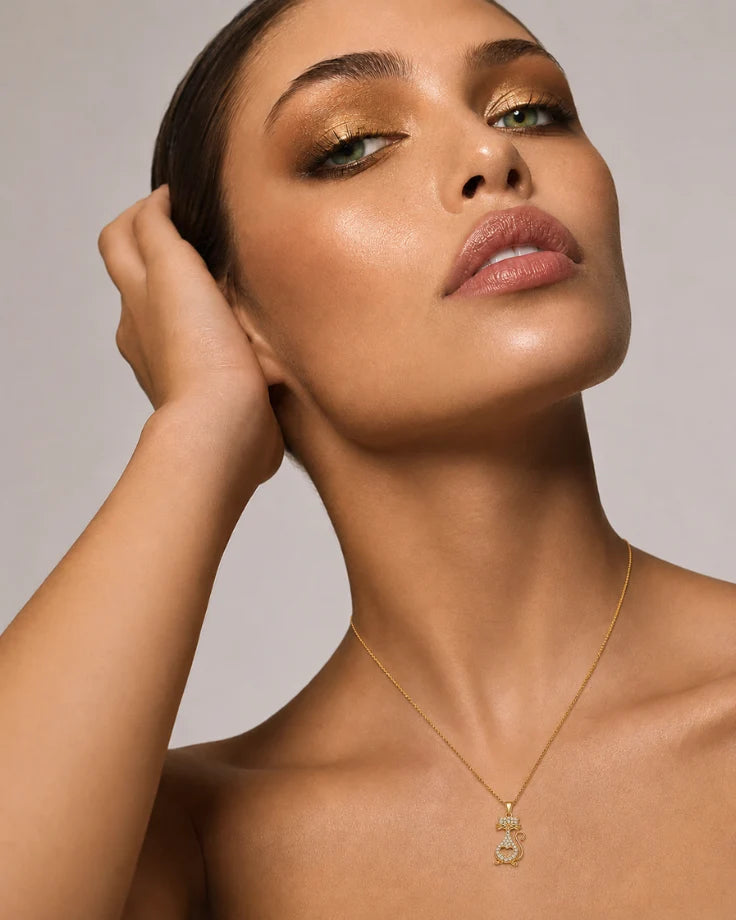 Colar Feminino - Gato Coração Banhado a Ouro 24k com Zircônia