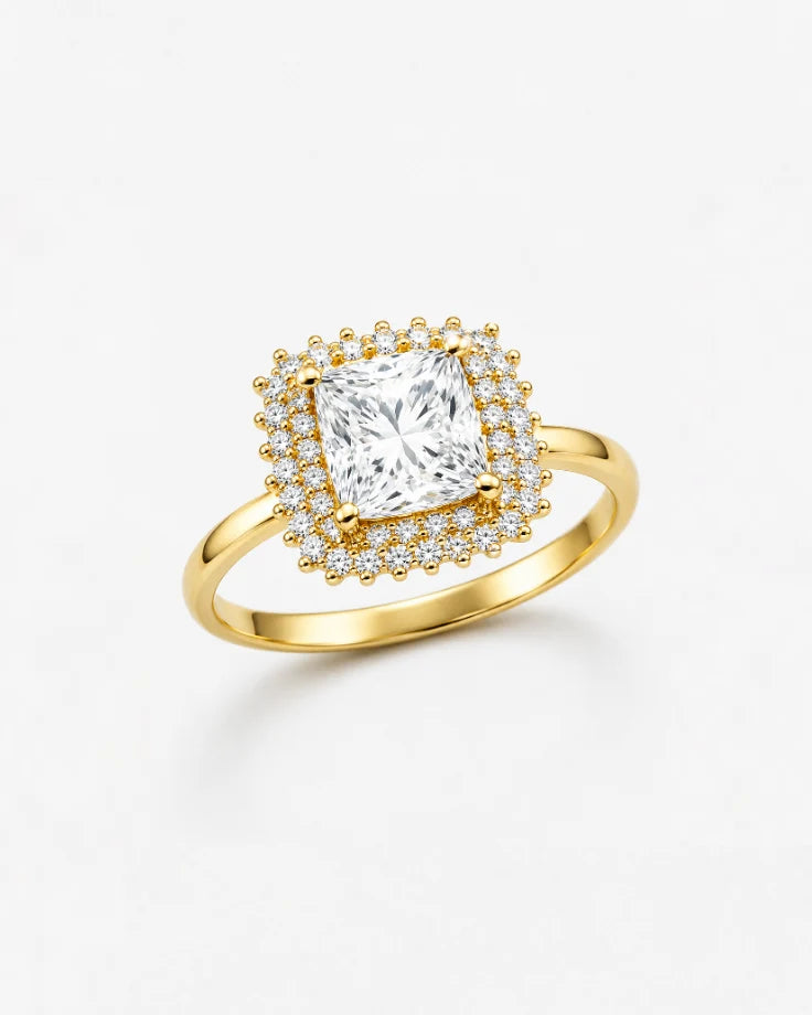 Anel Feminino Coroa Alba Halo Quadrado em Ouro 24k