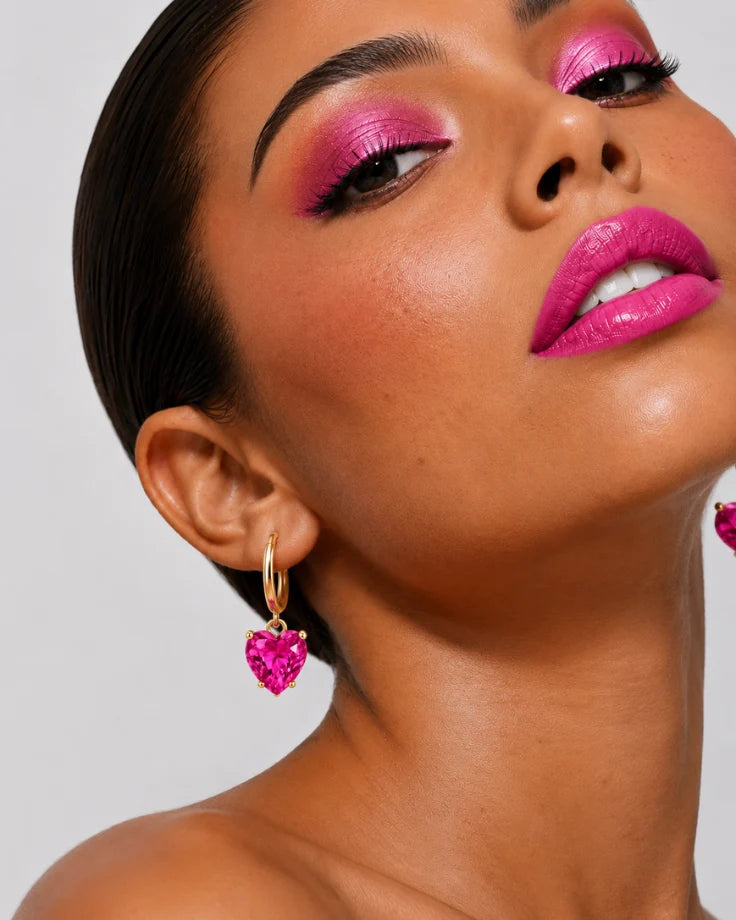 Brincos Coração Rosa Rosivelle com Zircônia Banhado a Ouro 24K