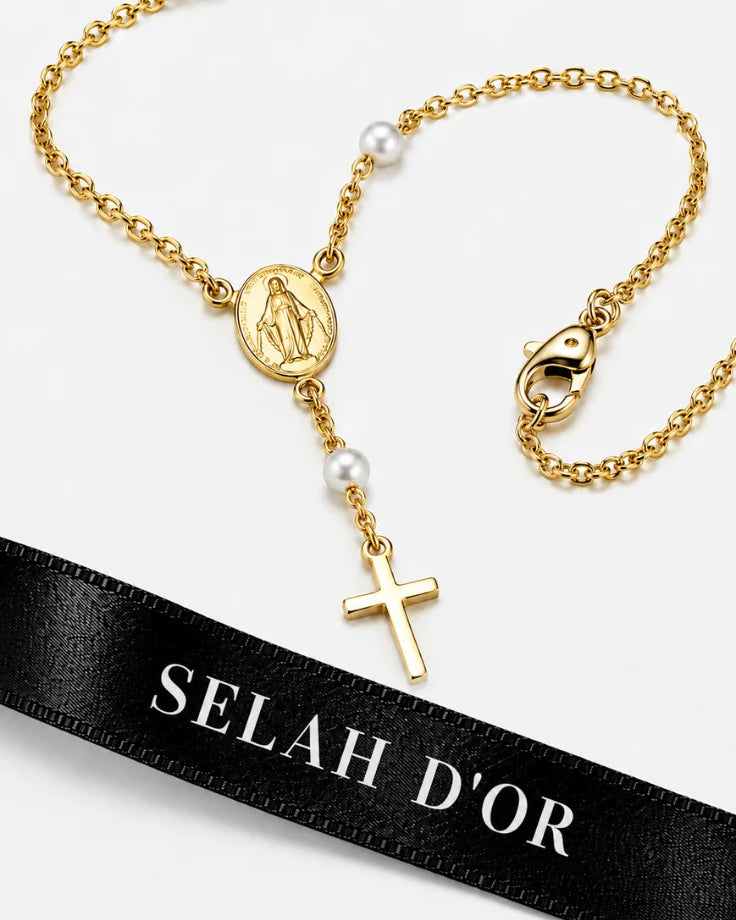 Colar Terço Feminino - Caelestis Crucis Banhado em Ouro 24k