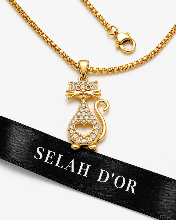 Colar Feminino - Gato Coração Banhado a Ouro 24k com Zircônia