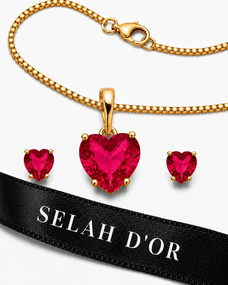 Conjunto Feminino Banhado em Ouro 24k com Corações Vermelhos - Princesa Carmine