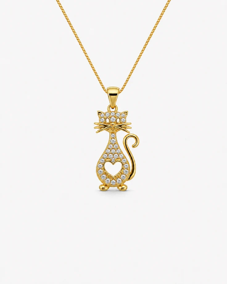 Colar Feminino - Gato Coração Banhado a Ouro 24k com Zircônia