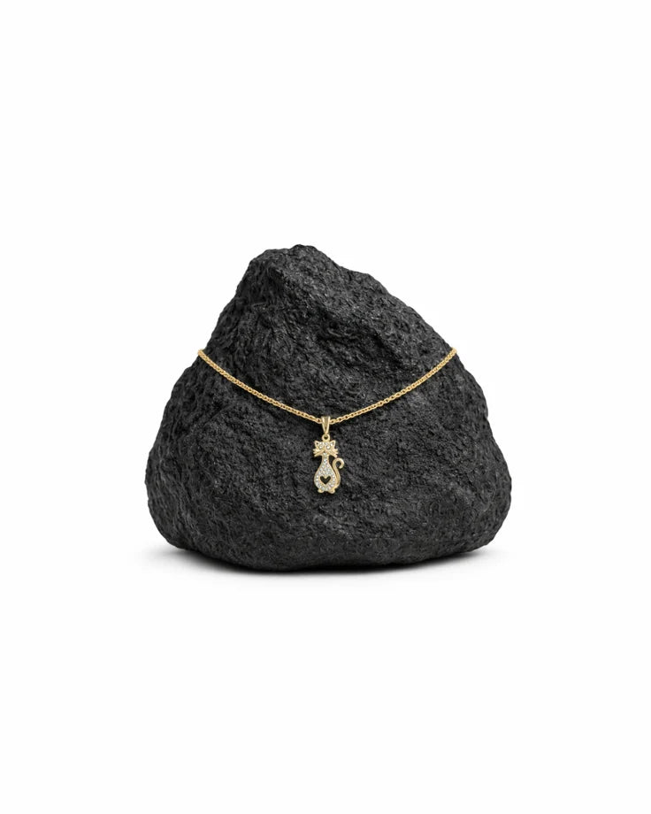 Colar Feminino - Gato Coração Banhado a Ouro 24k com Zircônia