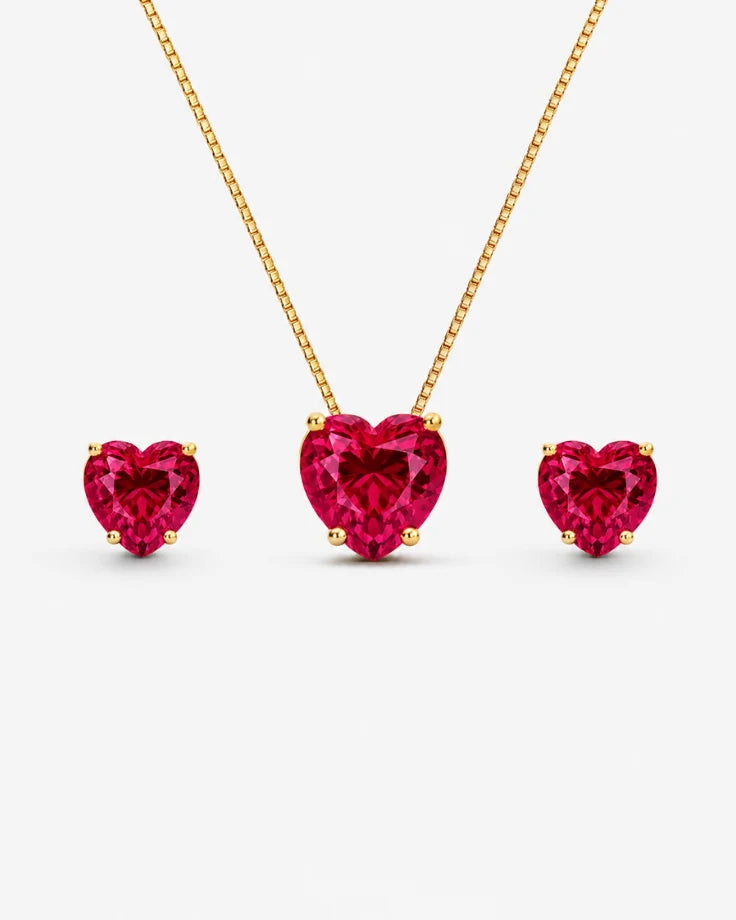Conjunto Feminino Banhado em Ouro 24k com Corações Vermelhos - Princesa Carmine